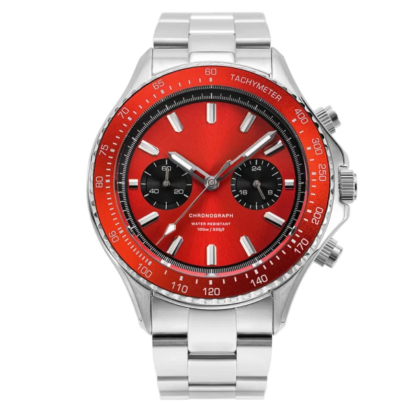 Men Fashion Stainless Steel Watches Abesty Factory Racing Bracelet 316L Steel Red Dial Watches