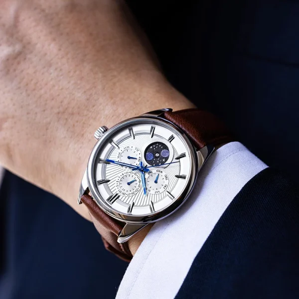 Men Multiphase Stainless Steel Watches Abesty IP Blue Case and Leather Band Watches - Image 2