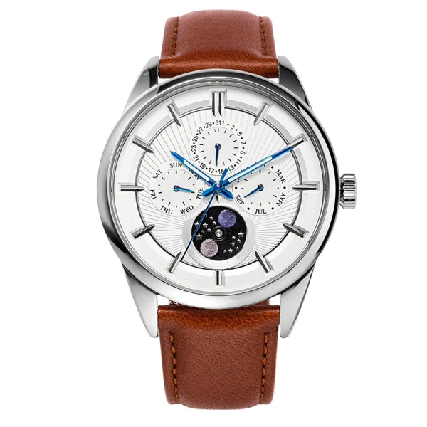 Men Multiphase Stainless Steel Watches Abesty IP Blue Case and Leather Band Watches