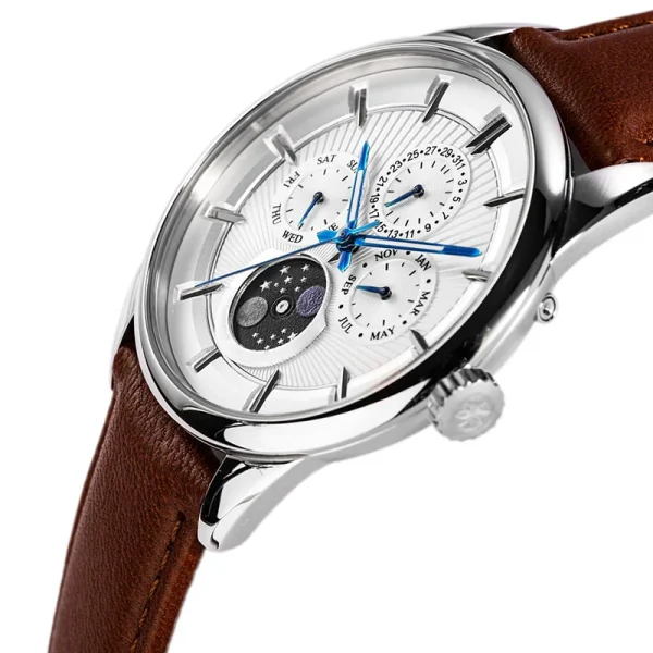 Men Multiphase Stainless Steel Watches Abesty IP Blue Case and Leather Band Watches - Image 3