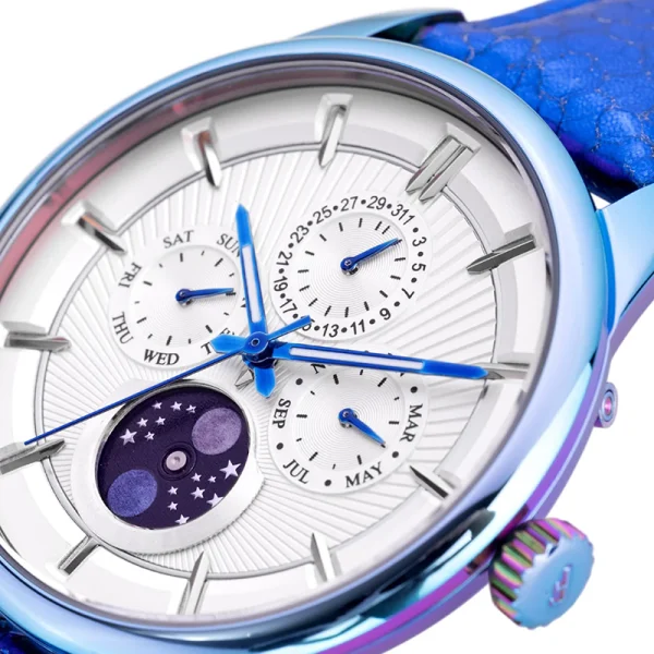 Men Multiphase Stainless Steel Watches Abesty IP Blue Case and Leather Band Watches - Image 4