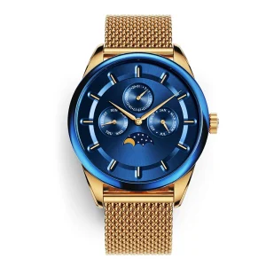 Stainless Steel Men Brown Gold Mesh Band Abesty Factory Blue Moonphase Dial Watches