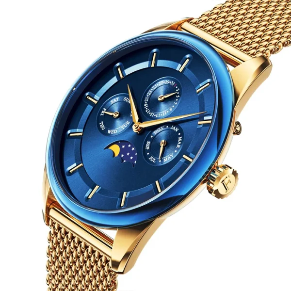 Stainless Steel Men Brown Gold Mesh Band Abesty Factory Blue Moonphase Dial Watches - Image 2