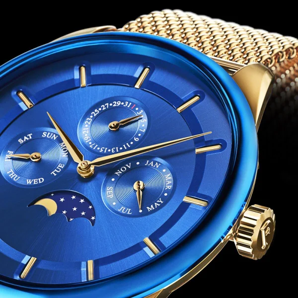 Stainless Steel Men Brown Gold Mesh Band Abesty Factory Blue Moonphase Dial Watches - Image 3