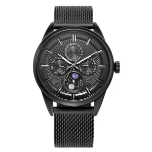 Men Multiphase Stainless Steel Watches Abesty IP Black Case and Mesh Band Watches