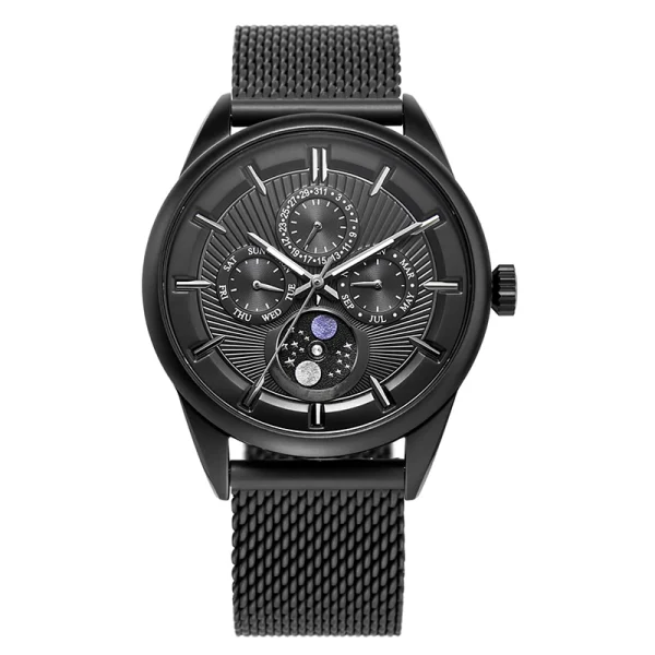 Men Multiphase Stainless Steel Watches Abesty IP Black Case and Mesh Band Watches
