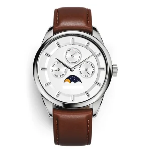 Stainless Steel Men Brown Itlian Leather Band Abesty Factory Silver Moonphase Dial  Watches