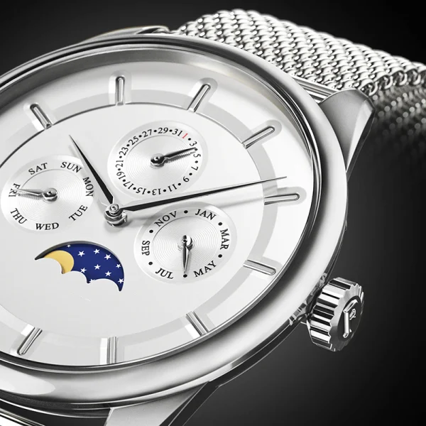 Stainless Steel Men Brown Itlian Leather Band Abesty Factory Silver Moonphase Dial  Watches - Image 2