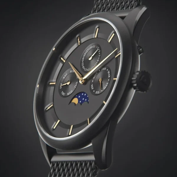 Stainless Steel Men Watches Abesty Watch factory Moonphase Dial Black Mesh Band - Image 3